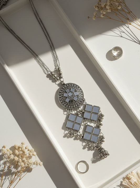 NVR Women Oxidized Silver Plated Mirror Work Necklace
