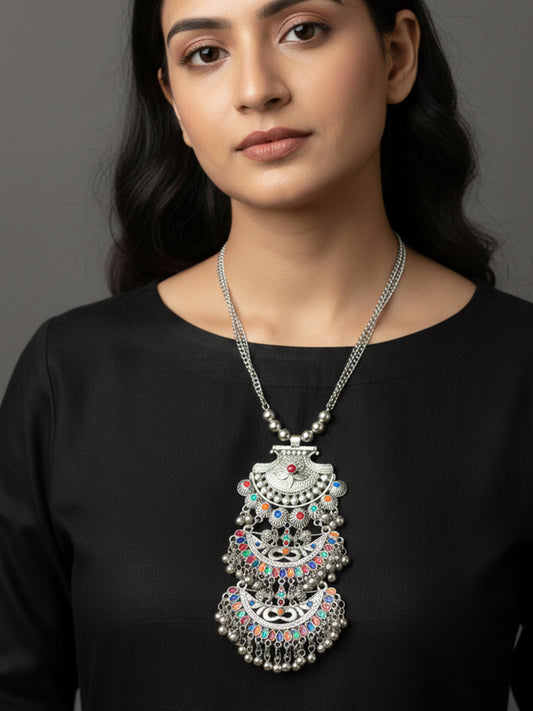 NVR Women Oxidized Silver Plated Multi-Stone Banjara Necklace