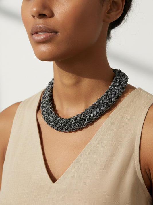 NVR Women Vintage Braided Beads Grey Coloured Necklace