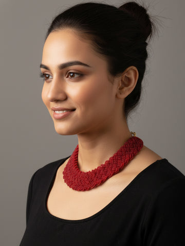 NVR Women Vintage Braided Beads Red Coloured Necklace