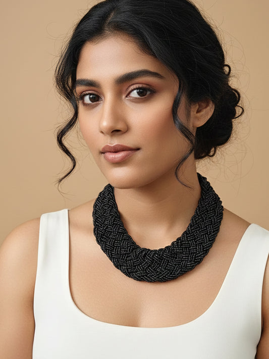 NVR Women Vintage Braided Beads Black Coloured Necklace