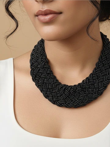 NVR Women Vintage Braided Beads Black Coloured Necklace
