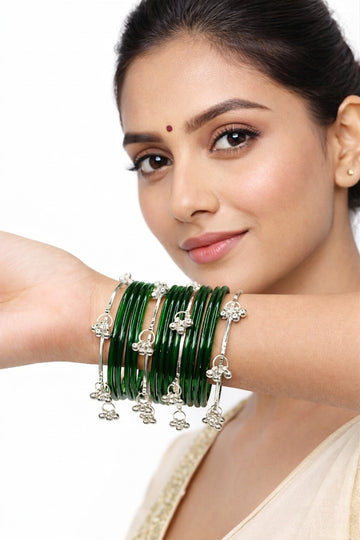 NVR Women Trendy 24 Green Bangles with 8 Kashmiri Bangles Ghungroo Charms