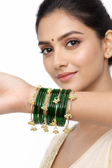 NVR Women Trendy 24 Green Bangles with 8 Kashmiri Bangles Ghungroo Charms