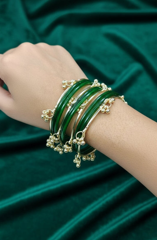 NVR Women Trendy 12 Green Bangles with 8 Kashmiri Bangles Ghungroo Charms