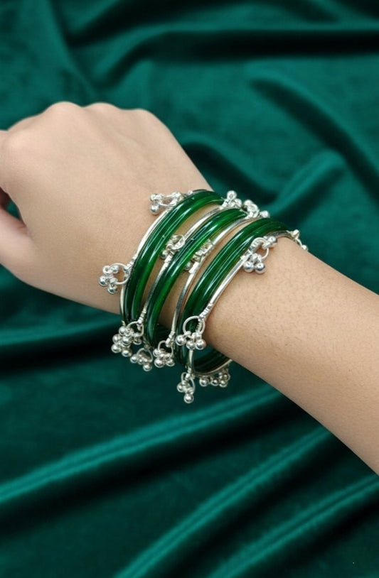 NVR Women Trendy 12 Green Bangles with 8 Kashmiri Bangles Ghungroo Charms