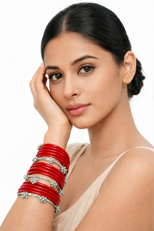 NVR Women Trendy 24 Red Bangles with 8 Kashmiri Bangles Ghungroo Charms