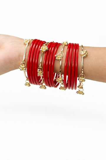 NVR Women Trendy 24 Red Bangles with 8 Kashmiri Bangles Ghungroo Charms