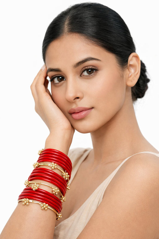NVR Women Trendy 24 Red Bangles with 8 Kashmiri Bangles Ghungroo Charms