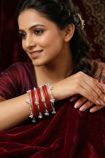 NVR Women Trendy 12 Red Bangles with 8 Kashmiri Bangles Ghungroo Charms