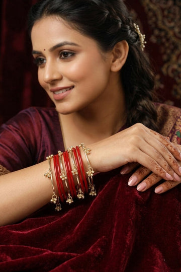 NVR Women Trendy 12 Red Bangles with 8 Gold Plated Kashmiri Bangles Ghungroo Charms