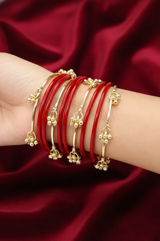 NVR Women Trendy 12 Red Bangles with 8 Gold Plated Kashmiri Bangles Ghungroo Charms