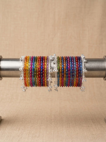 NVR Women 24 Multicolor Bangles with 8 Silver Plated Kashmiri Bangles Ghungroo Charms
