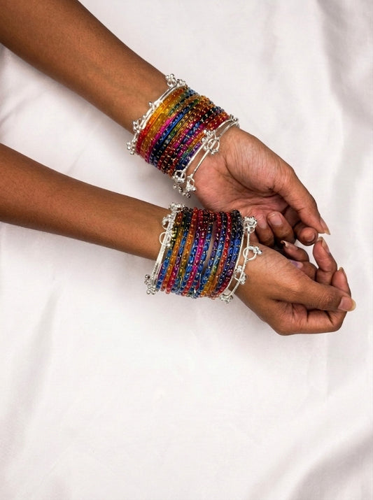 NVR Women 24 Multicolor Bangles with 8 Silver Plated Kashmiri Bangles Ghungroo Charms