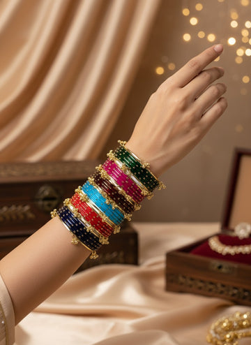 NVR Women Trendy 24 Multicolored Bangles with 12 Gold Plated Kashmiri Bangles Ghungroo Charms