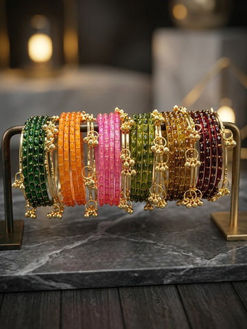 NVR Women Trendy 24 Multicolored Bangles with 12 Gold Toned Kashmiri Bangles Ghungroo Charms