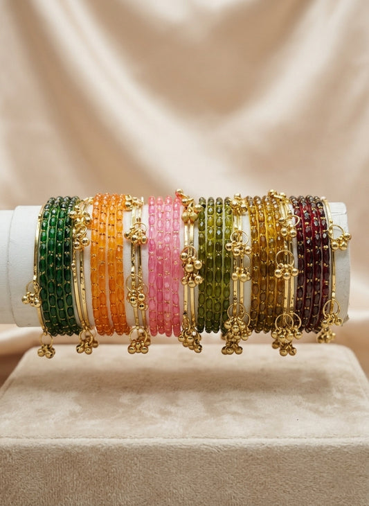 NVR Women Trendy 24 Multicolored Bangles with 12 Gold Toned Kashmiri Bangles Ghungroo Charms