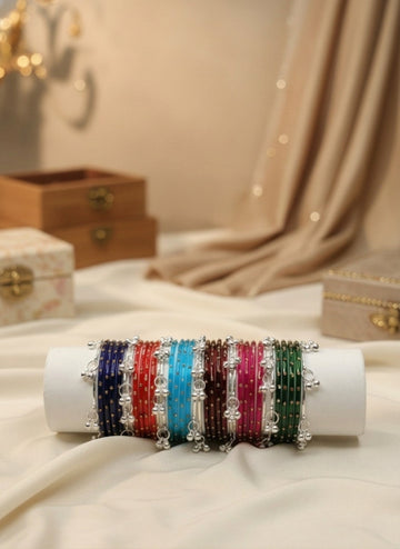 NVR Women Trendy 24 Multicolored Bangles with 12 Silver Toned Kashmiri Bangles Ghungroo Charms