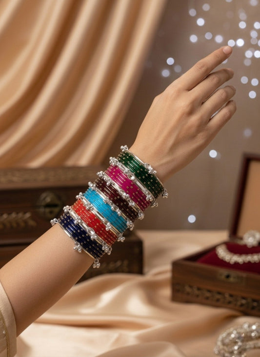 NVR Women Trendy 24 Multicolored Bangles with 12 Silver Toned Kashmiri Bangles Ghungroo Charms