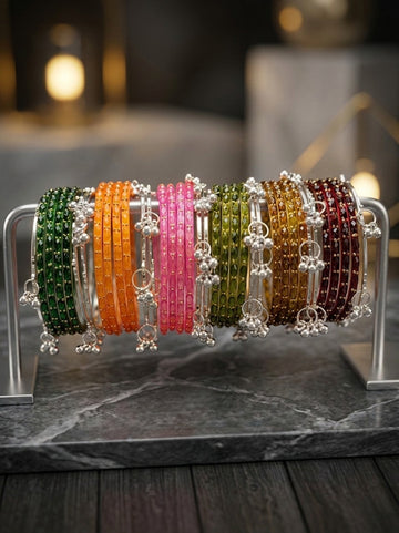 NVR Women Trendy 24 Multicolored Bangles with 12 Silver Plated Kashmiri Bangles Ghungroo Charms