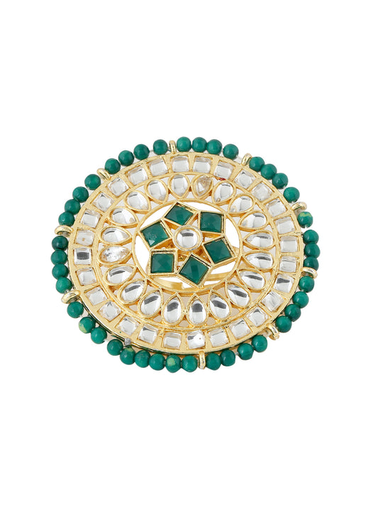 NVR Women Gold plated red and green kundan stone studed meenakari adjustable finger ring.