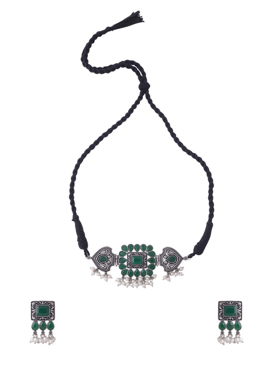 NVR Stone Studded Oxidised Silver Jewellery Set