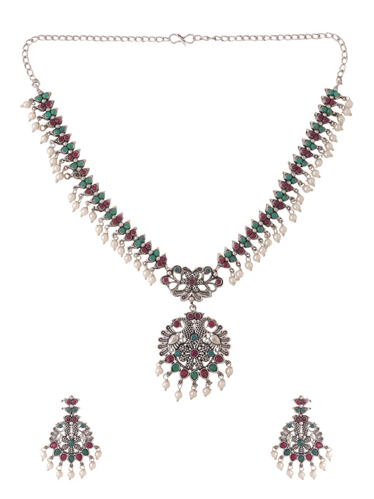 NVR Stone Studded Oxidised Silver Jewellery Set