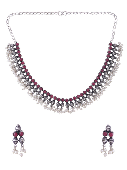 NVR Stone Studded Oxidised Silver Jewellery Set