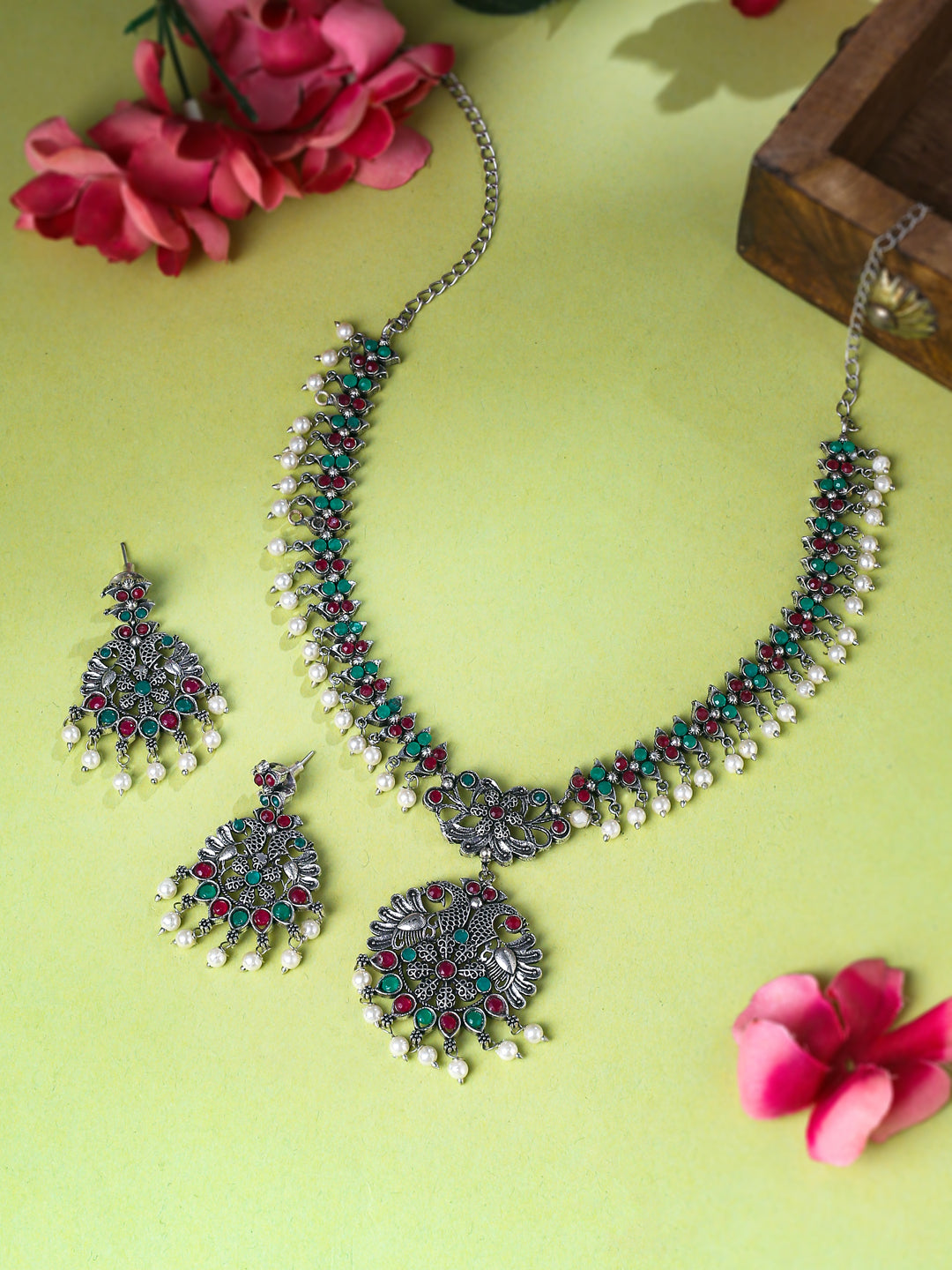 NVR Stone Studded Oxidised Silver Jewellery Set