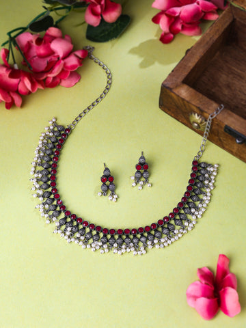 NVR Stone Studded Oxidised Silver Jewellery Set