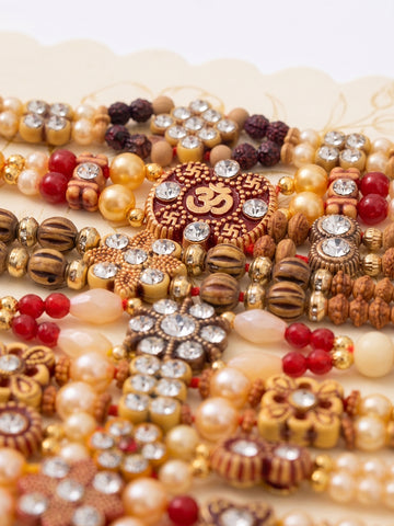 NVR Set of 10 Multicolor Designer Thread Rakhi with Roli Chawal Chandan Mishri