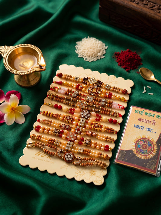 NVR Set of 10 Multicolor Designer Thread Rakhi with Roli Chawal Chandan Mishri